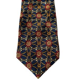 Giannelli Silk Tie Equestrian Bit Chain Medallion Navy Gold Red Vintage 4" 56"